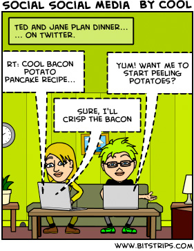 cartoon:  Ted and Jane plan dinner...over Twitter